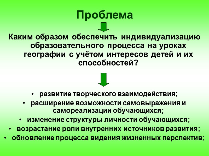 Проблема  Каким образом обеспечить индивидуализацию образовательного процесса на уроках географии с учётом интересов